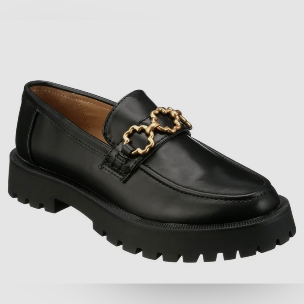 Sam & Libby Remi Lug Sole Black Loafers Gold Buckle 10